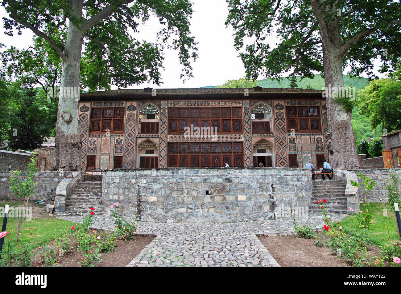 Sheki, Aserbaidschan - 12 Aug 2013. Der Khan Palace in Scheki Stadt, Aserbaidschan Stockfoto