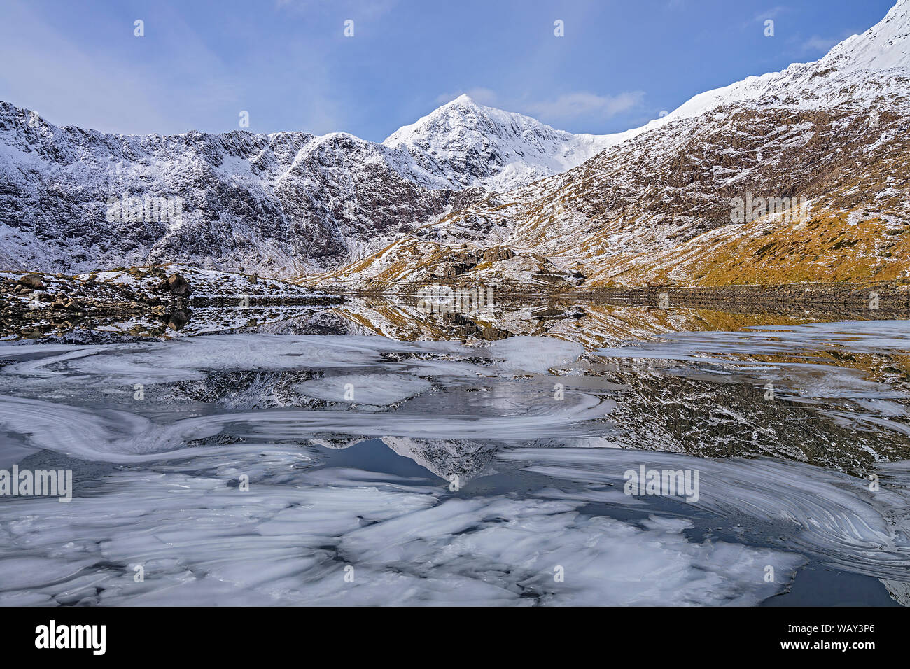 Mount Snowdon nieder in Llyn Llydaw angezeigt Eisformationen auf der Wasseroberfläche Snowdonia National Park North Wales UK März 2018 Stockfoto