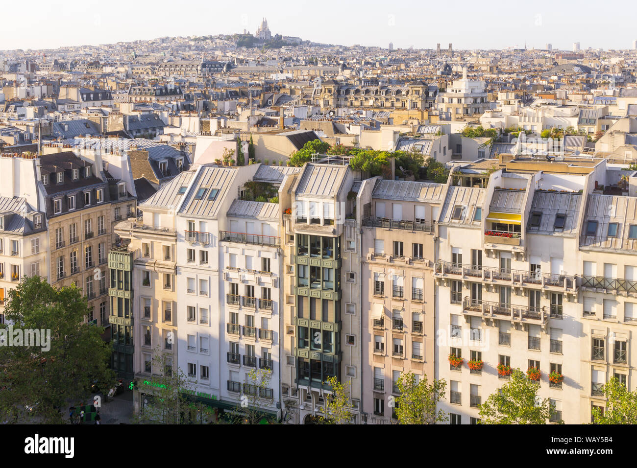 Pariser Dächer - Luftbild des Pariser Dächer an einem Sommernachmittag, Frankreich, Europa. Stockfoto