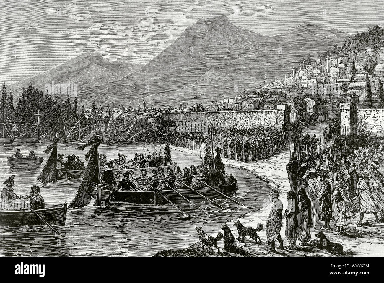 Osmanische Reich. Griechenland, Thessaloniki. Ankunft der Französischen und Deutschen Inspektoren mit der Lösung des Mordes an den Konsuln in Thessaloniki im Mai 1876 beauftragt. Herr Robert, von der französischen Botschaft in Konstantinopel, und Herr Gillet, Deutscher Konsul, wurden nach Thessaloniki von zwei kriegsschiffen geführt. Seine Mission war die Untersuchung der Zusammenfassung Fall gegen junge türkische religiöse vorgeworfen, die Ermordung von Jules Moulin, der französische Konsul zu folgen, und Henry Abt, Deutscher Konsul. Kupferstich von capuz. La Ilustracion Española y Americana, 8. Juni 1876. Stockfoto