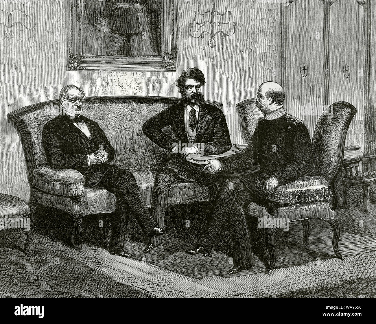 Deutschland, Berlin. Konferenz der Rektoren der drei nördlichen Reiche über die orientalische Frage. Von links nach rechts: Russische Fürst Alexander Gorchakov (1798-1883), ungarischen Grafen Gyula Andrássy (1823-1890) und Deutscher Prinz Otto von Bismarck (1815-1898). Gravur. La Ilustracion Española y Americana, 22. Juni 1876. Stockfoto