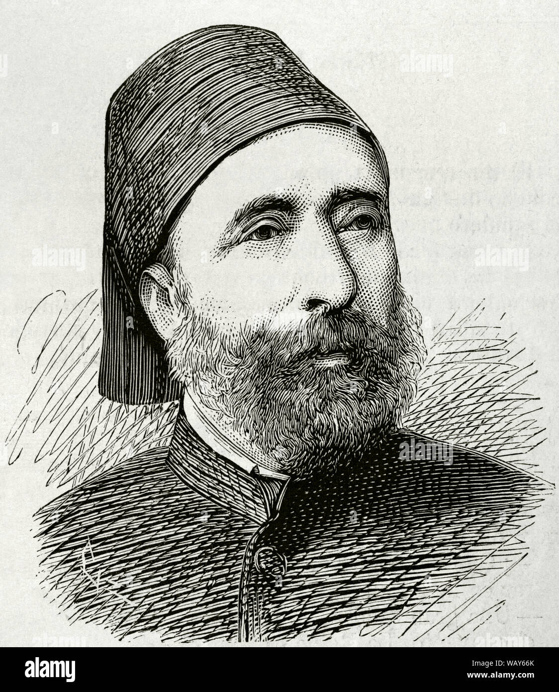 Sefik Midhat Pascha oder Ahmed Midhat Pascha (1822-1883). Zweimal osmanischen Großwesir. Er führte die osmanische Verfassung Bewegung von 1876 und der Einführung des ersten Konstitutionellen Ära. Gravur. La Ilustracion Española y Americana, 30. Juni 1876. Stockfoto