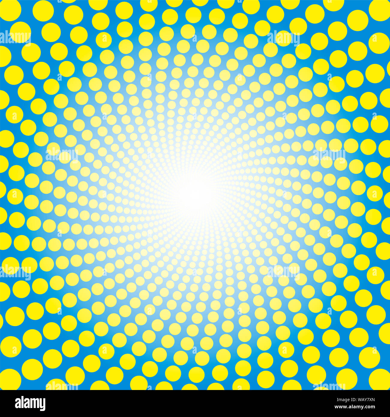 Gelb Blau Spiralmuster. Gepunktete Tunnel mit hellen Zentrum - Twisted kreisförmigen Hintergrund Illustration, hypnotisch und psychedelisch. Stockfoto