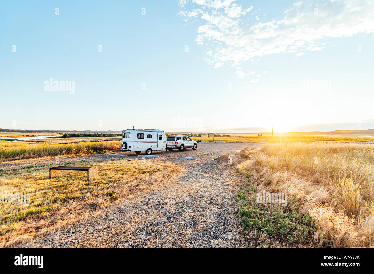 Morgen Schlagen einer kleinen Camper in Montana. Stockfoto