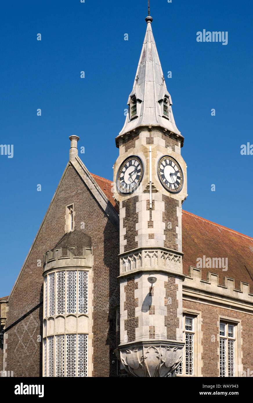 Detailansicht der Corn Exchange Gebäude mit Clocktower. Wurde das denkmalgeschützte Gebäude erbaut 1847-1848 und der Uhrturm 1864 hinzugefügt. Stockfoto