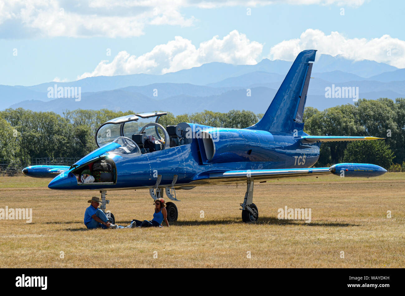 Aero L-39 Albatros jet Trainer Ebene am Flügel über Wairarapa Airshow, Haube Flugplatz, Masterton, Neuseeland. Privat classic jet mit Eigentümer im Besitz Stockfoto