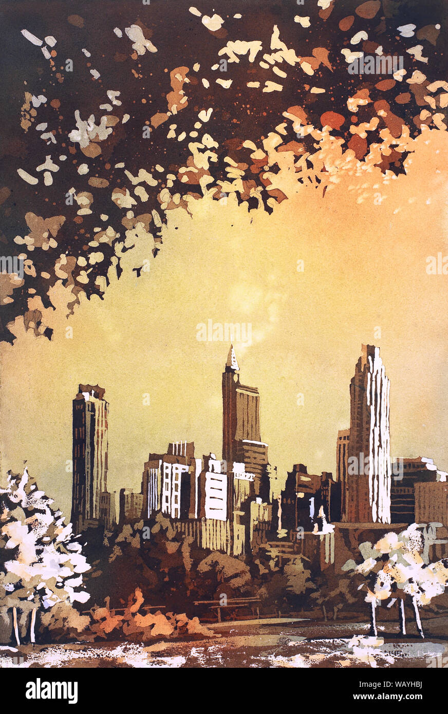 Aquarell von der Innenstadt von Raleigh, NC die Skyline in der Dämmerung - Raleigh skyline Artwork, Bildende Kunst Malerei Raleigh, North Carolina Kunst Stockfoto