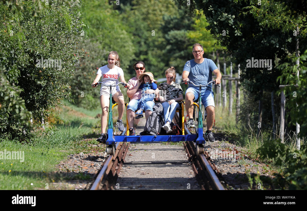 20. August 2019, Mecklenburg-Vorpommern, Waren (Müritz): eine Familie aus Baden-Württemberg ist Reisen mit einer Katze zwischen Der ehemalige Güterbahnhof und der Naturpark Mecklenburgische Schweiz. Die Route der "raisine Mecklenburg" zwischen Waren (Müritz) und Schwinkendorf ist 13 Kilometer lang, kürzere Touren sind natürlich auch möglich. Wer will zu überholen die Katze mit seiner Front Mann austauschen müssen. Foto: Bernd Wüstneck/dpa-Zentralbild/ZB Stockfoto