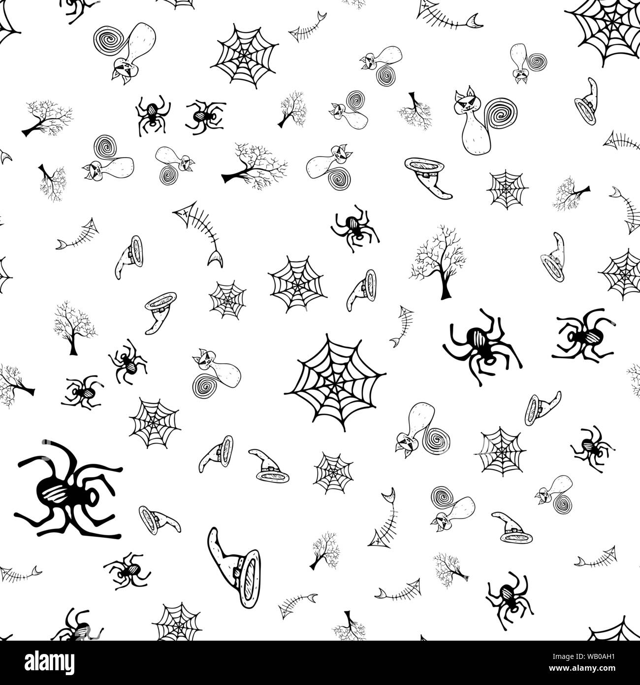 Halloween doodle nahtlose Muster auf weißem Hintergrund. Umrisse der nahtlose Muster mit schwarzen Halloween doodle Elemente. Umrisse coll Stock Vektor