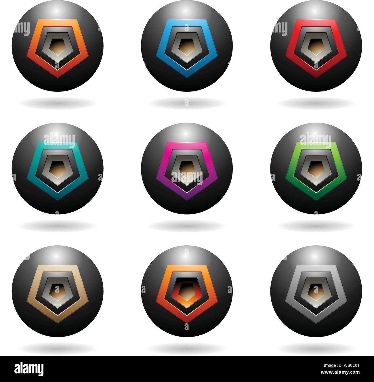 Vector Abbildung: Schwarz geprägte Kugellautsprecher Symbole mit Pentagon Formen isoliert auf weißem Hintergrund Stock Vektor