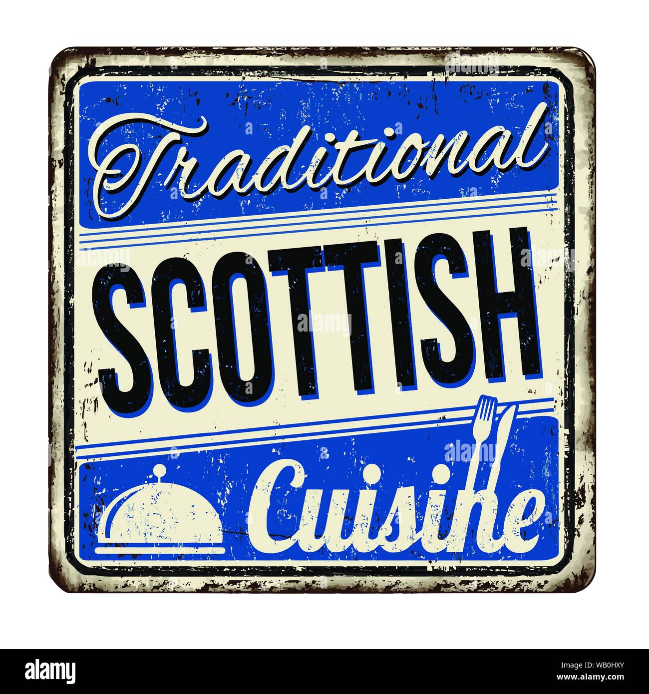 Traditionelle schottische Küche vintage rostiges Metall Zeichen auf weißem Hintergrund, Vector Illustration Stock Vektor