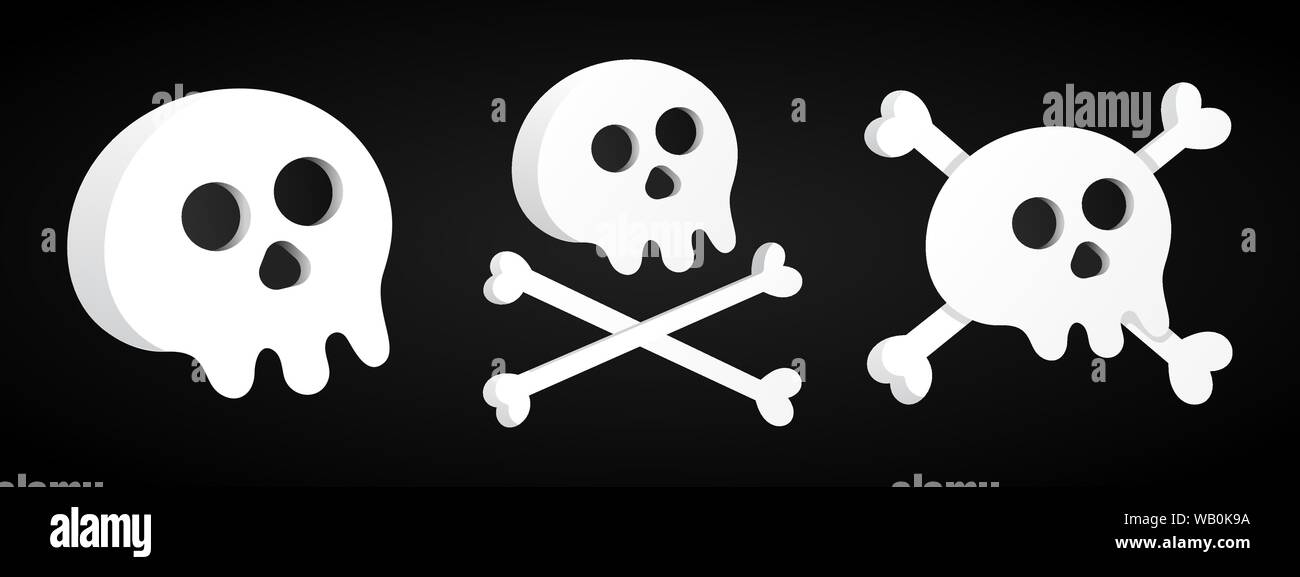 3 Einfache flache Design Sculls mit gekreuzten Knochen set Symbol zeichen Vector Illustration auf schwarzen Hintergrund isoliert. Menschliche teil Kopf, Jolly Roger Pira Stock Vektor