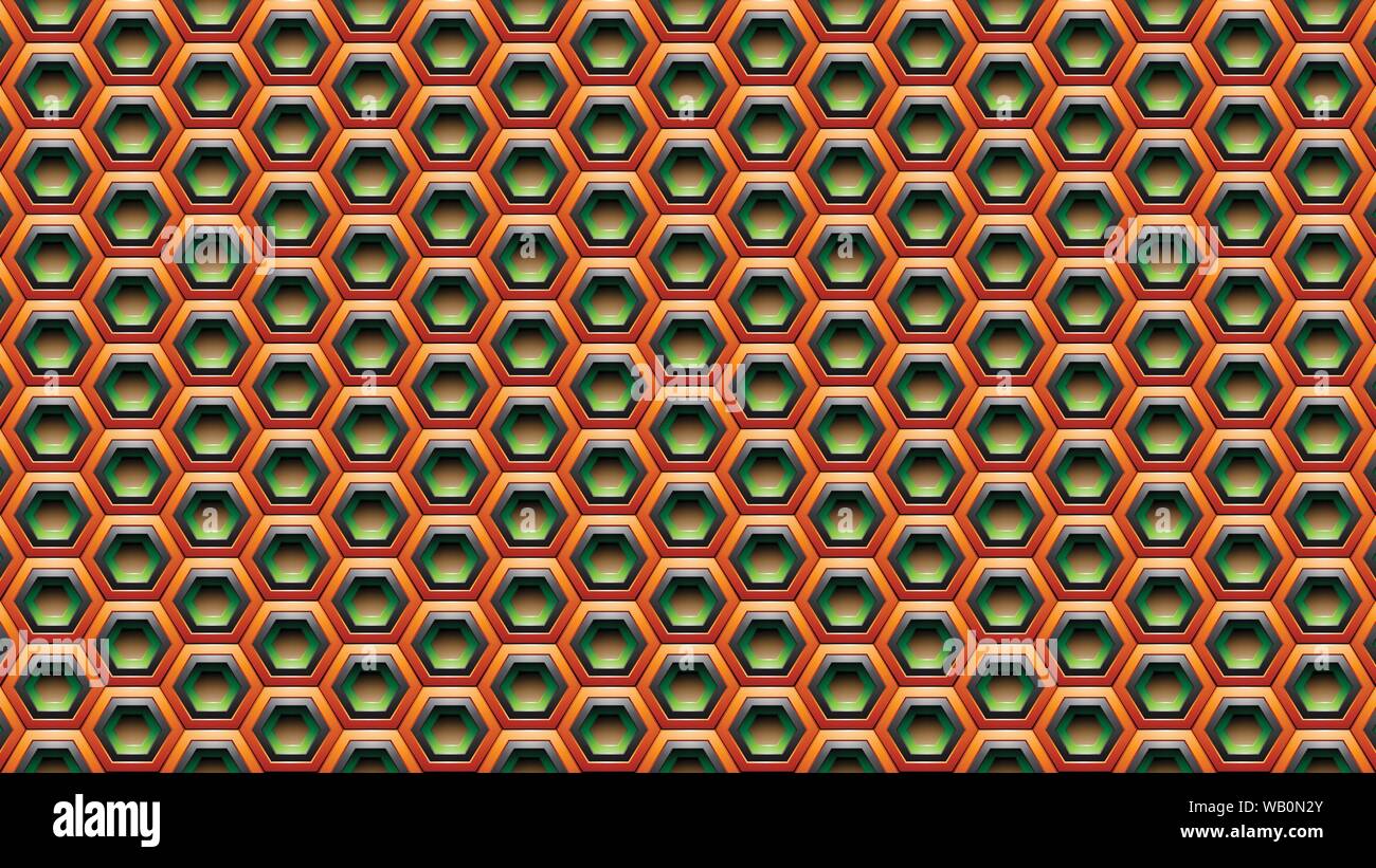 Vector Abbildung: Orange Grün und Schwarz geprägte Hexagon Hintergrund Stock Vektor