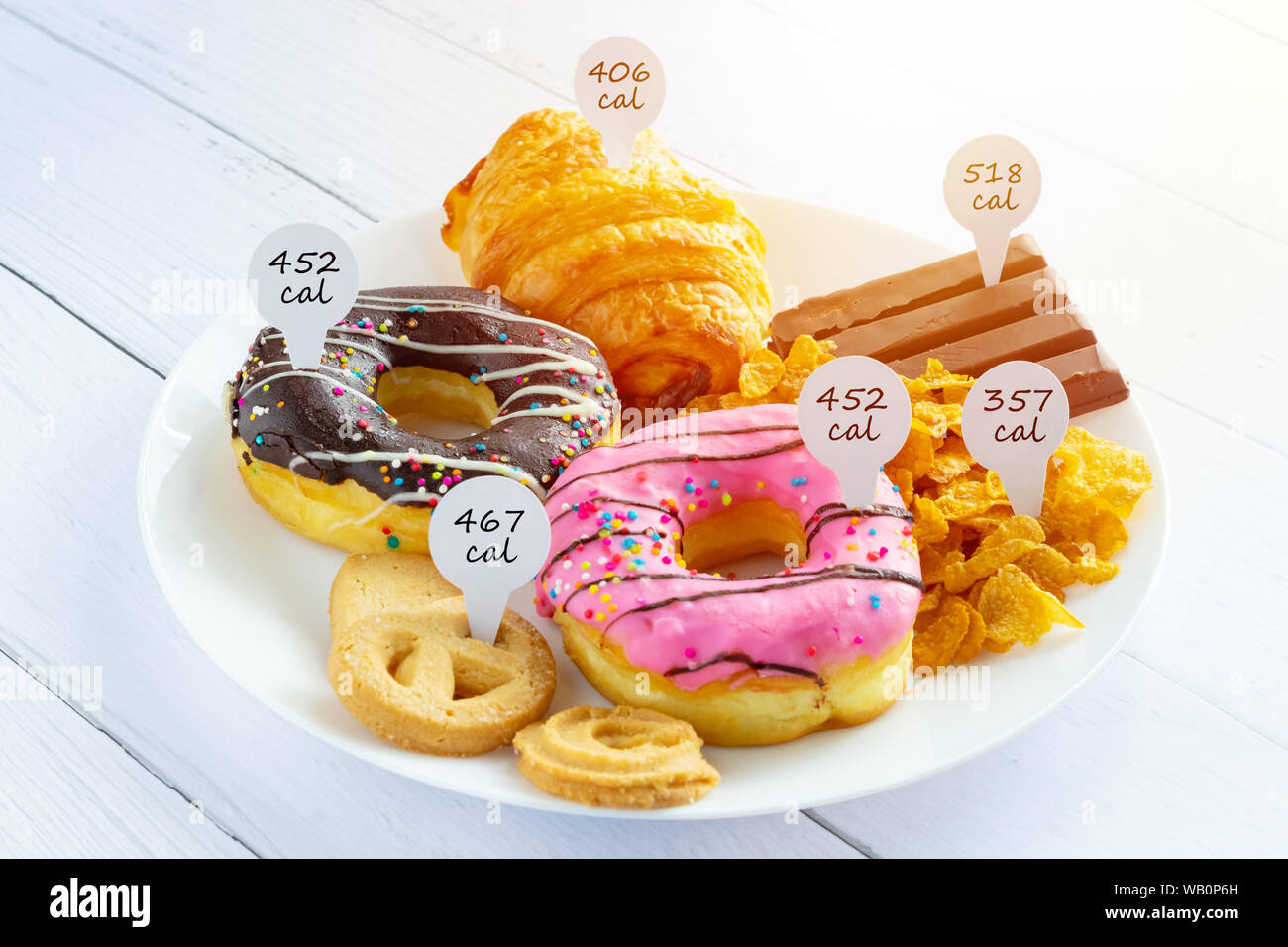 Kalorien zählen und die Lebensmittelüberwachung Konzept. Donut, Croissants, Schokolade und Kekse mit Beschriftung von der Anzahl der Kalorien für Kalorien messen Stockfoto