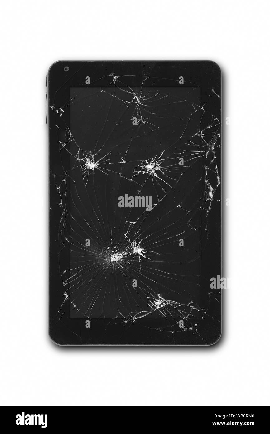 Tablet mit beschädigter Bildschirm isoliert auf Weiss. Reparatur von Anlagen. Absturz Stockfoto