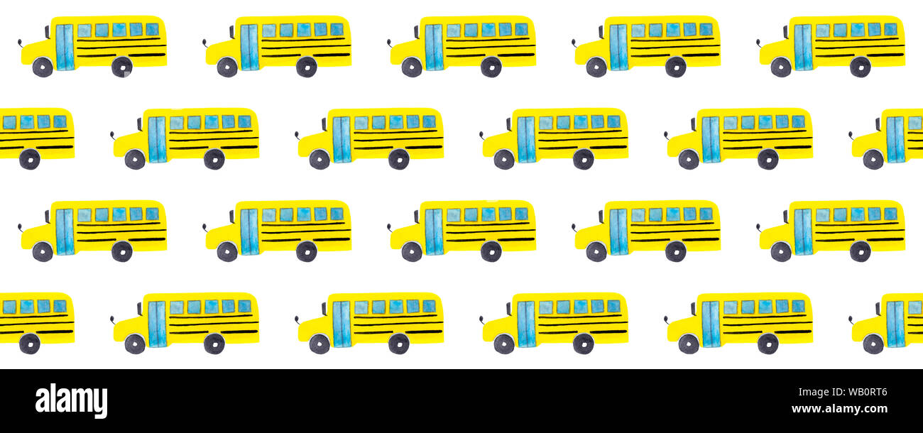 Nahtlose Muster mit gelben Schulbus auf weißen Hintergrund. Zurück zu Kulisse der Schule. Hand Transport Objekte für Kinder oder Schüler gezeichnet. Textil- oder Stockfoto