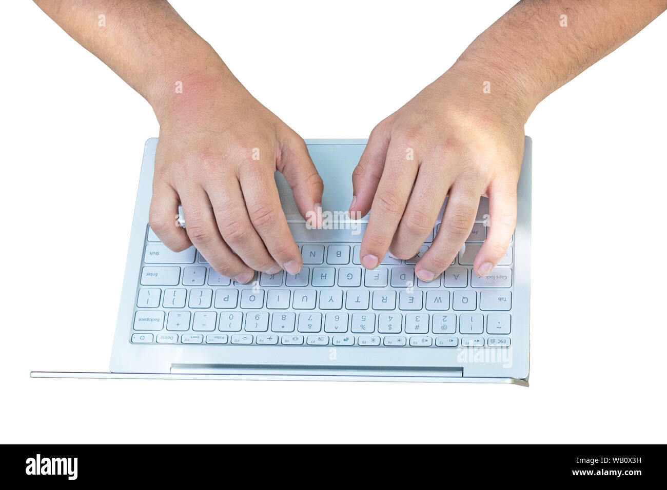 Männliche hand Tippen auf der Tastatur Top View.Business, Bildung, Menschen und Technologie Konzept - Nahaufnahme der Männer Hände mit Laptop Stockfoto