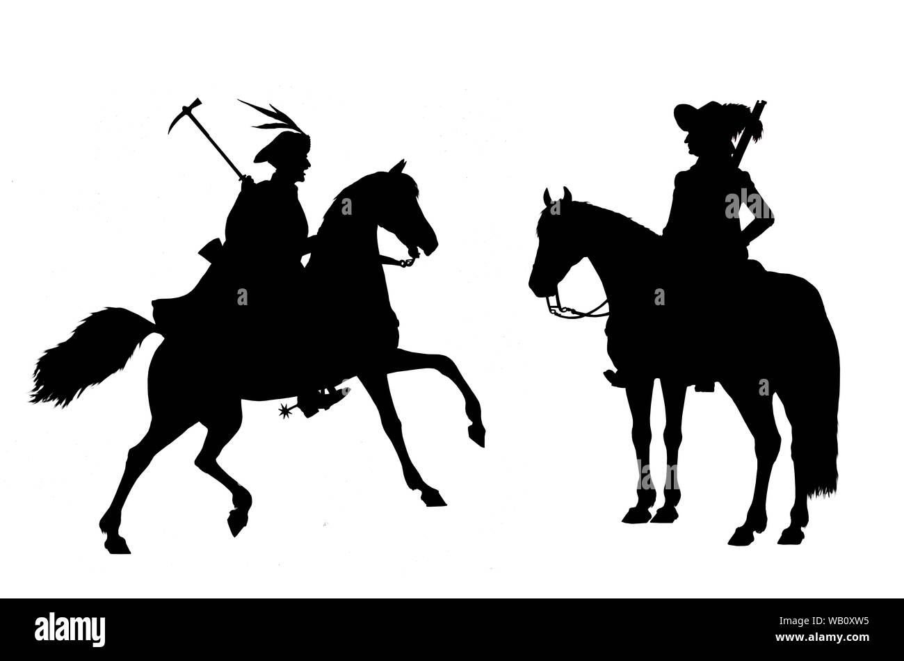 Ritter Abbildung montiert. Montiert Musketier und kroatische Reiter Silhouette von dreißig Jahren Krieg. Historische Illustration. Stockfoto
