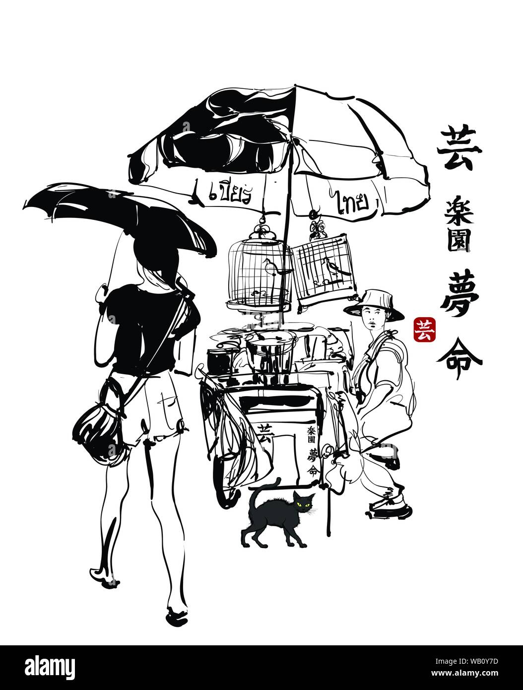 Vector Illustration einer Straße Verkäufer in Bangkok - Chinesische Zeichen bis zur unteren KUNST PARADIES (2 Zeichen) Traum leben gleichen Zeichen auf dem Auto Stock Vektor
