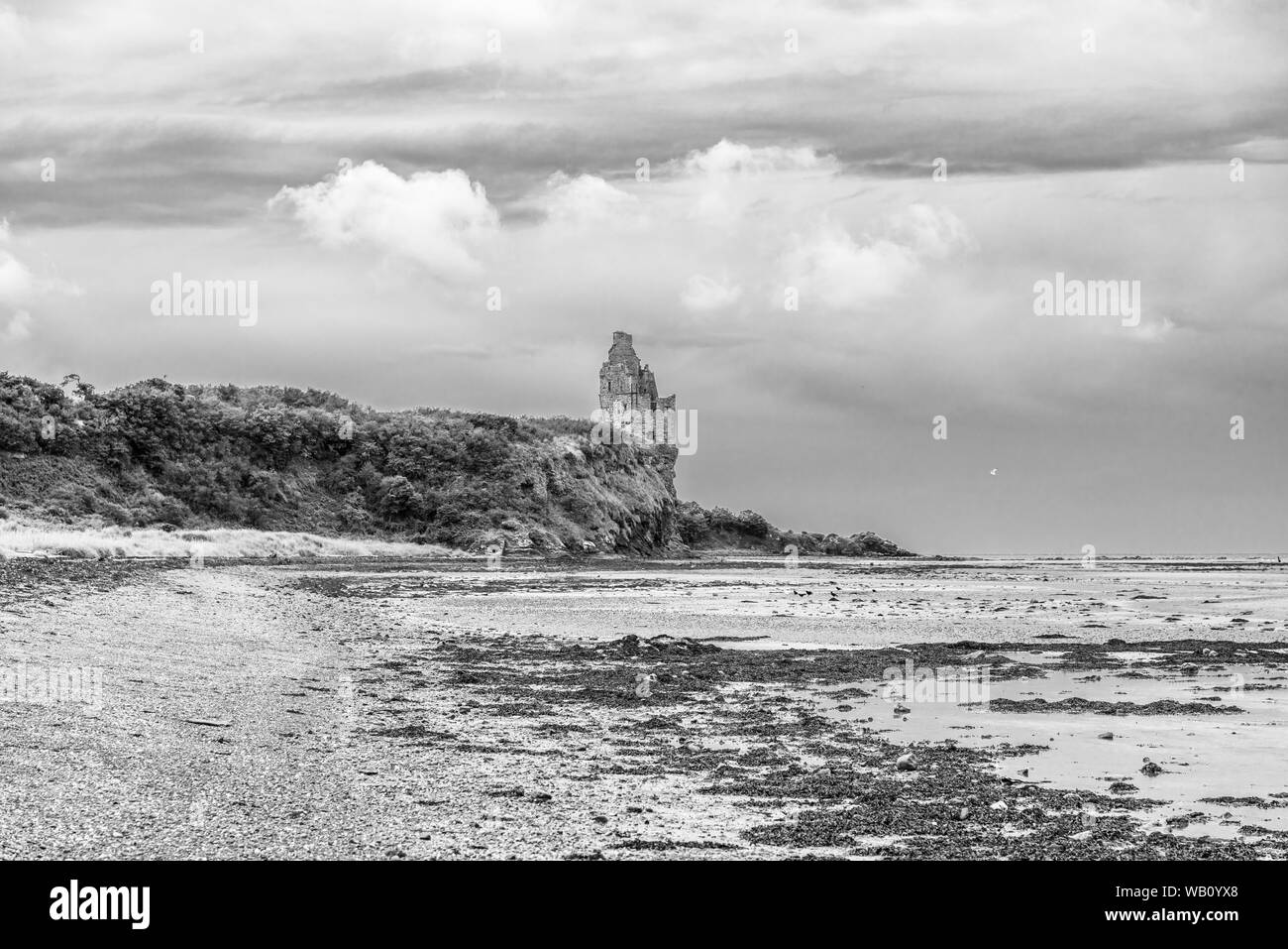 Alte Ruinen von Greenan Schloss links ist hoch gefährlich nahe an den Rand der Felswand in Ayr Schottland. Stockfoto