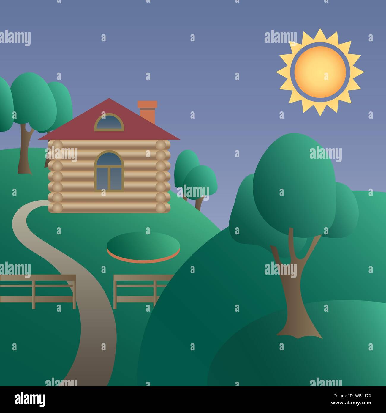 Holzhaus von schönen Sommer Landschaft. Bunte Illustrationen. Vector EPS 10. Stock Vektor