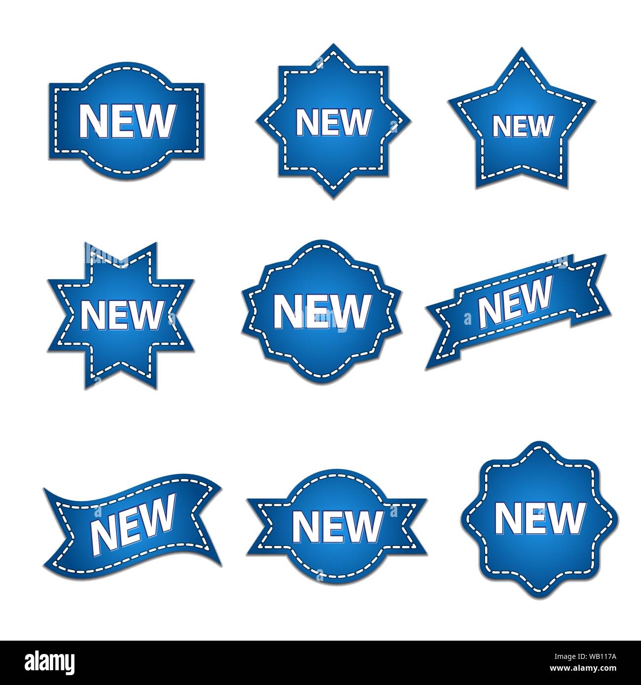 Eingestellt von Abzeichen mit kurzen, Text mit gestrichelte Linie Vektor, bunt blau Werbung Aufkleber Stock Vektor