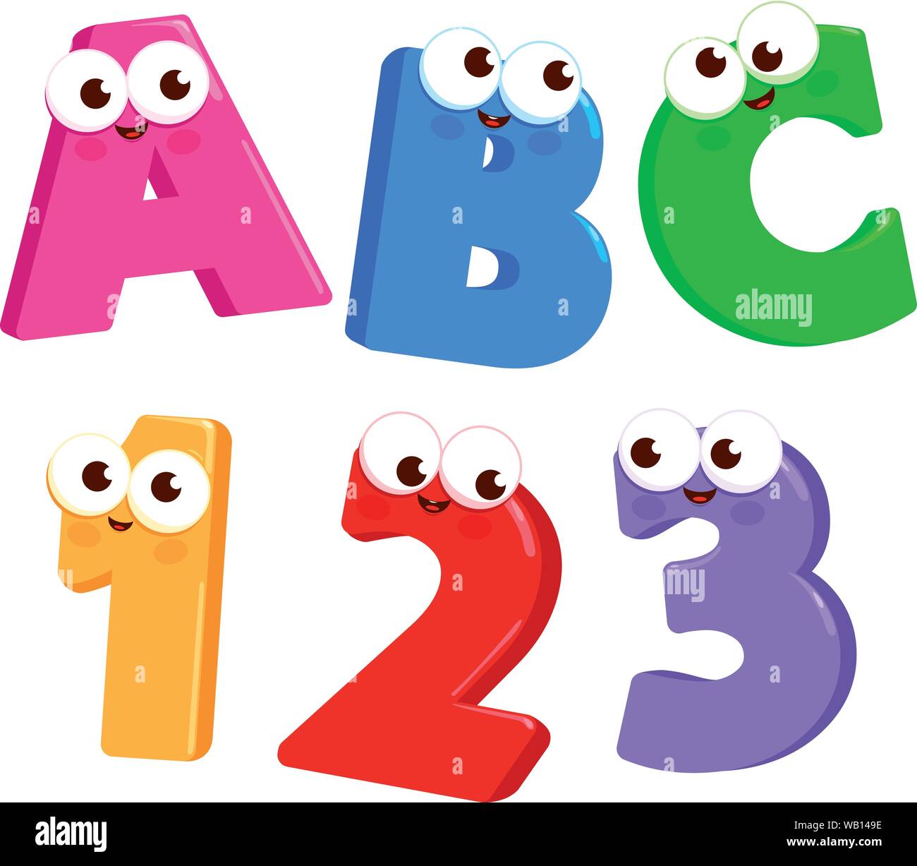 Cartoon Buchstaben ABC und zahlen 123 mit netten und lustigen Gesichter. Vector Illustration Stock Vektor