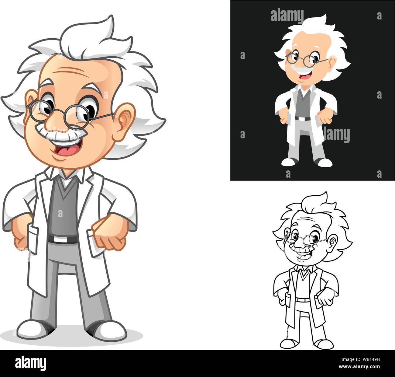 Gerne alte Mann Professor auf den Hüften Cartoon Character Design, einschließlich Flachbild und Line Art Designs, Vector Illustration. Stock Vektor