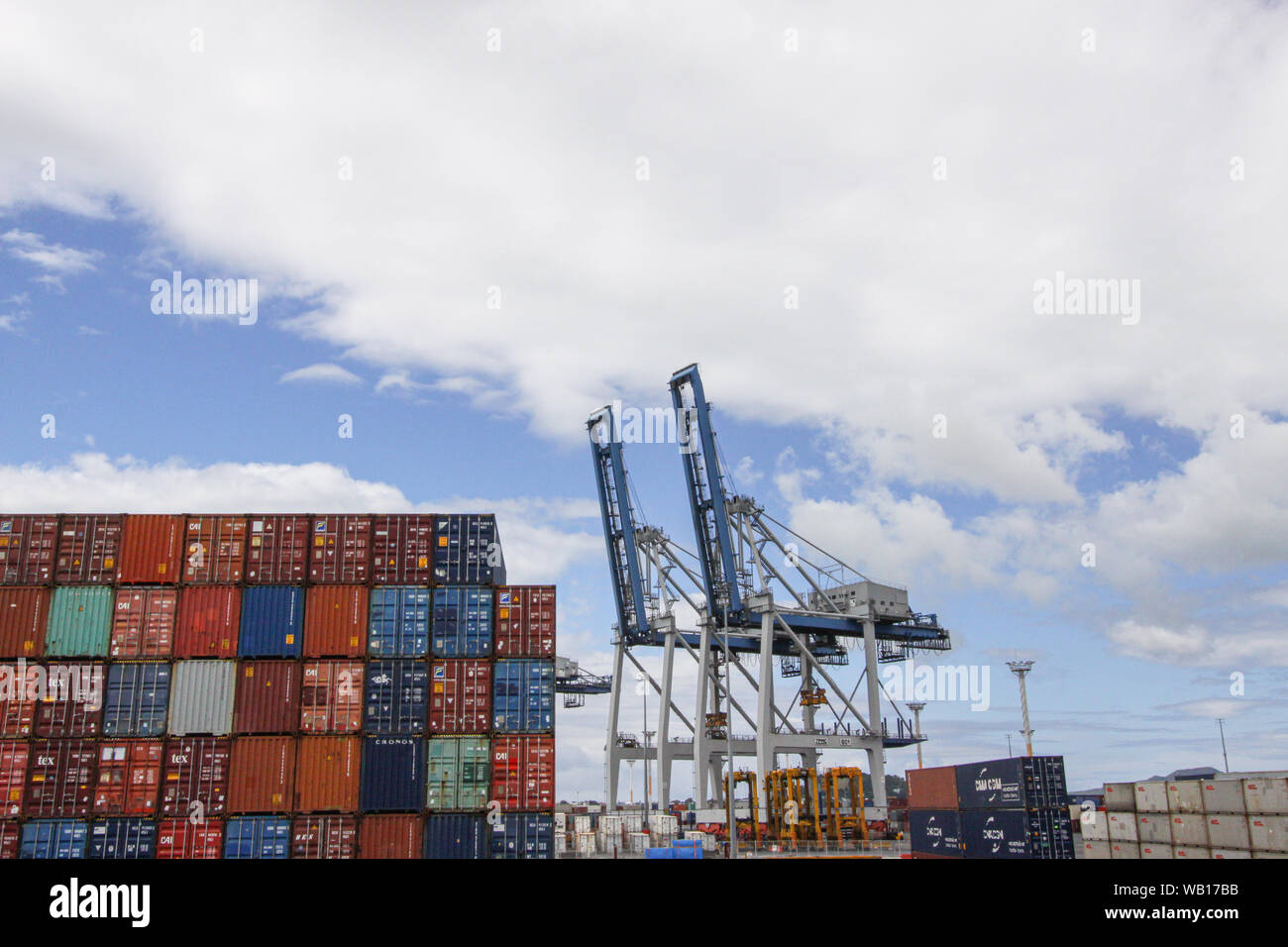 Gestapelte Container mit großen Hafenkrane im Hintergrund | Hafen von Auckland, Neuseeland Stockfoto