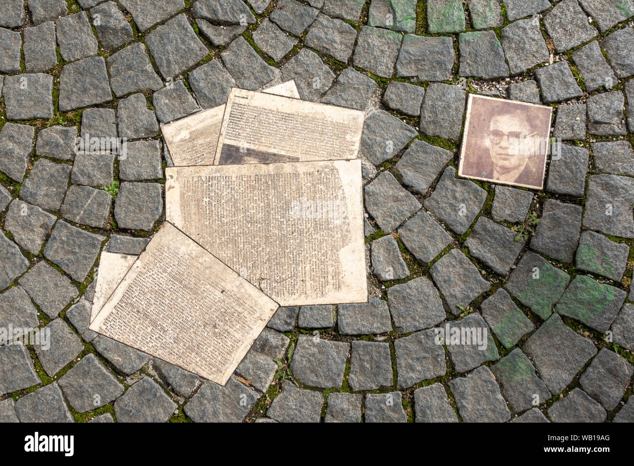 Weiße Rose Memorial von Flugblättern auf dem Bürgersteig außerhalb der Ludwig-Maximilians-Universität in München, Deutschland verstreut. Stockfoto