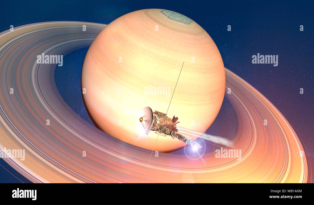 Blick auf den Planeten Saturn mit Ringen. Sonde Cassini in die Exploration, die um den Planeten. Solar System. 3D-Rendering Stockfoto