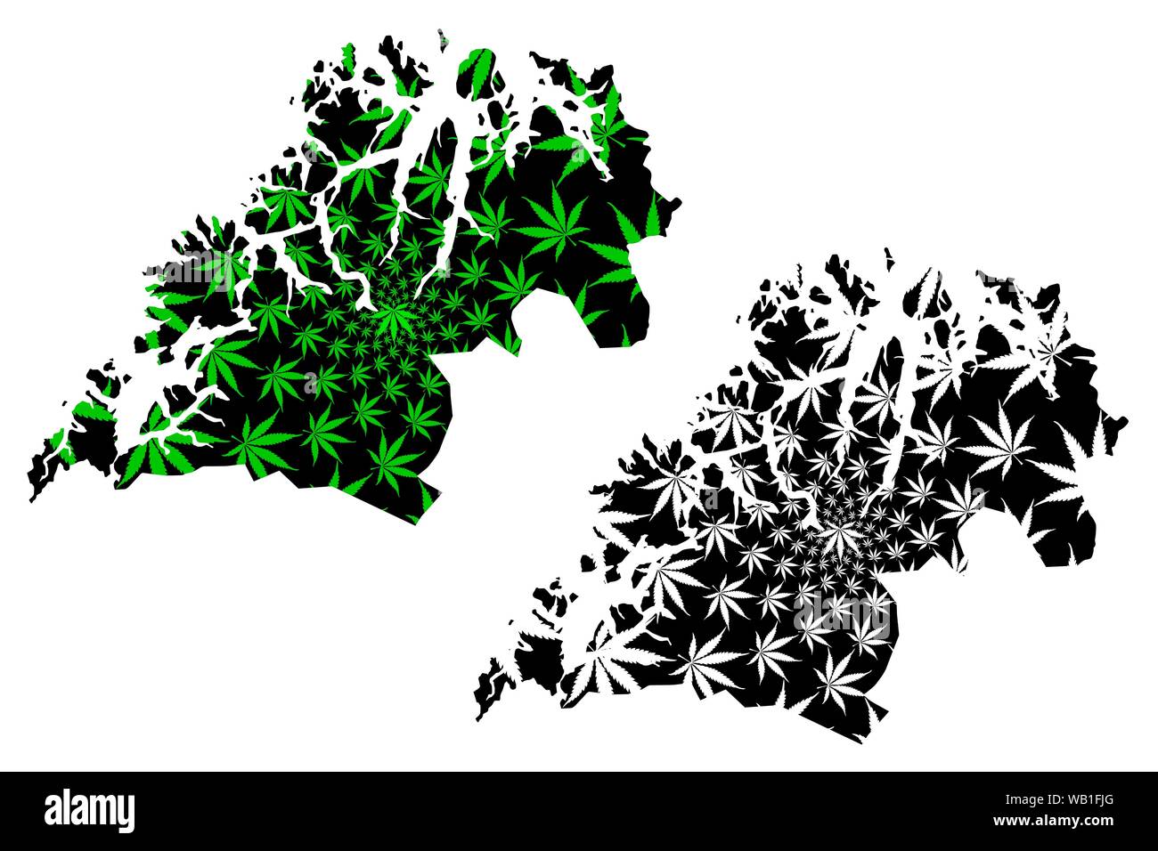 Troms (administrative divisions von Norwegen, Königreich Norwegen) Karte cannabis Blatt grün und schwarz, Romsa län Karte aus Marihuana (marihu ausgelegt ist Stock Vektor