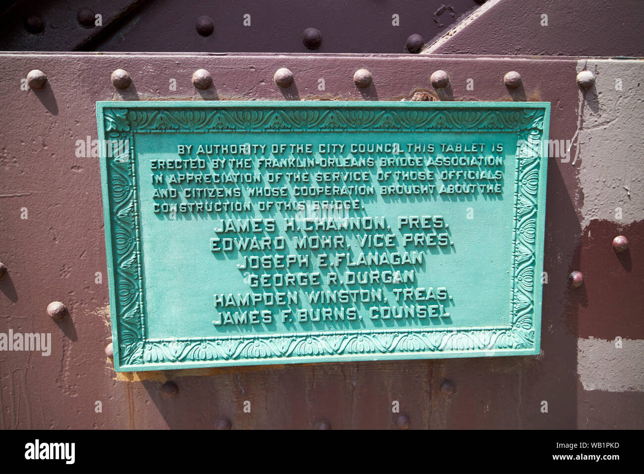 Plakette auf der Franklin - orleans Brücke über den Chicago River Chicago Illinois Vereinigte Staaten von Amerika Stockfoto
