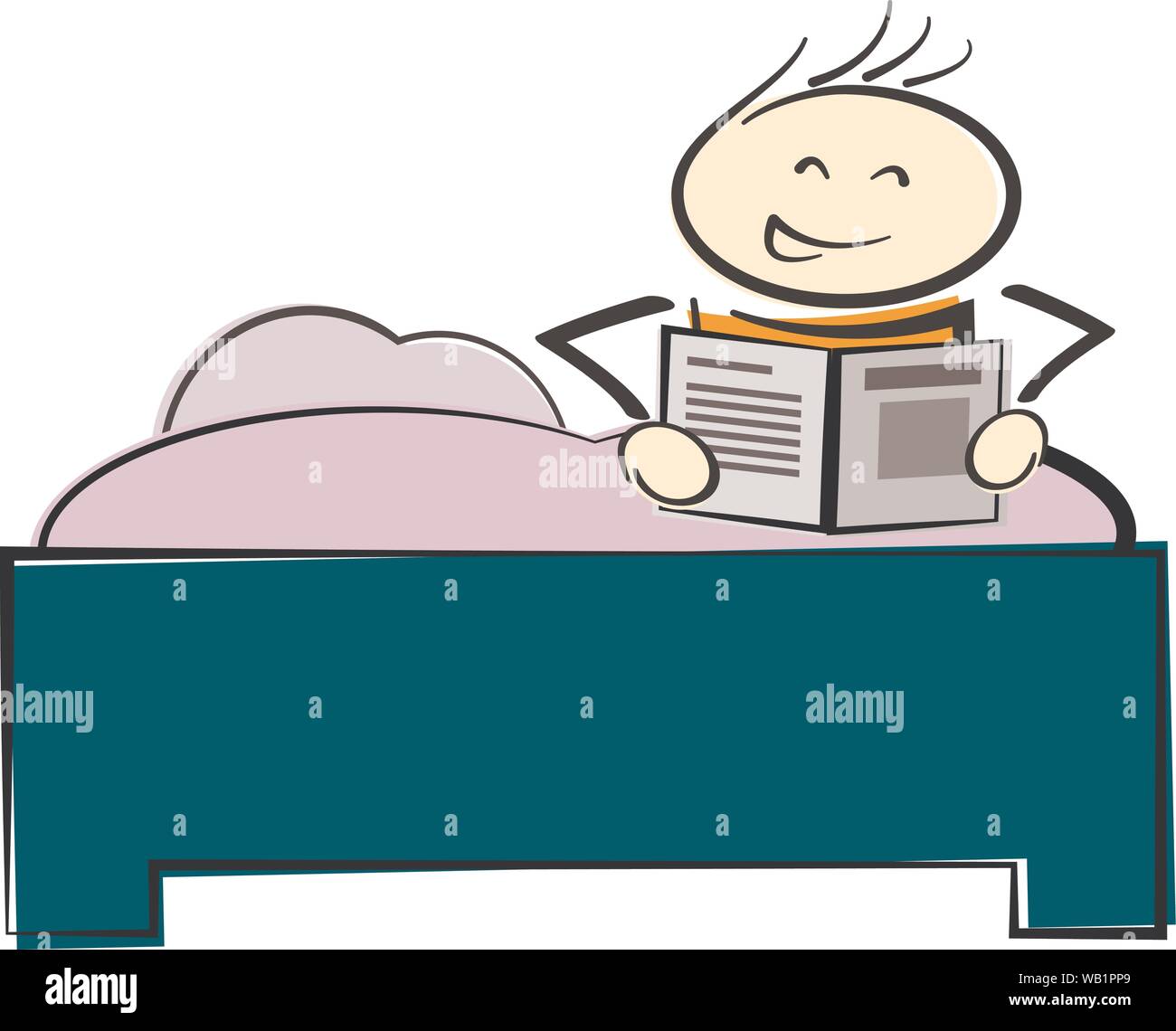 Stickman Charakter im Bett sitzen, lesen ein Buch oder eine Zeitung Vector Illustration Stock Vektor