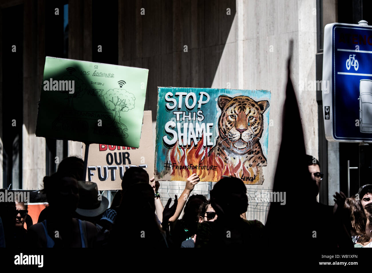 Aktivisten halten Plakate hoch, während der Demonstration. Demonstranten die Straße vor der Brasilianischen Botschaft in einem Aussterben Rebellion Spanien protestieren gegen Präsident Jair Bolsonaro, in Madrid blockiert. Stockfoto
