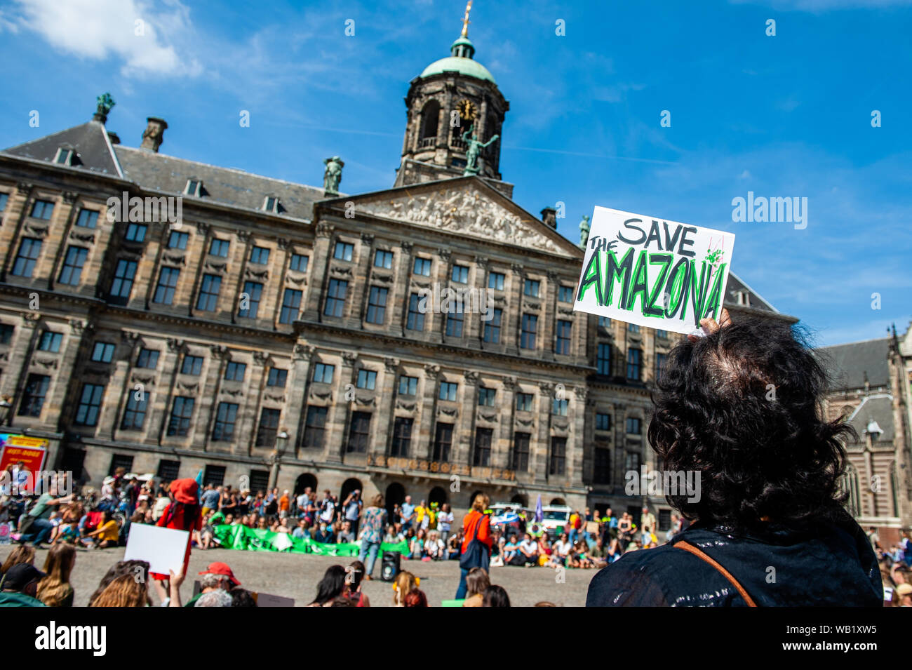 Eine Frau hält ein Plakat, das sagt Speichern Amazonien vor dem Palast auf dem Dam Platz während des Protestes. Aussterben Rebellion Gruppe Aktivisten in Amsterdam eine Kundgebung in Solidarität mit Regenwald Protektoren und Amazon Aktivisten auf der ganzen Welt organisiert. Hunderte von Menschen rund um den Dam Platz versammelt, um ihre Unterstützung zu zeigen. Stockfoto