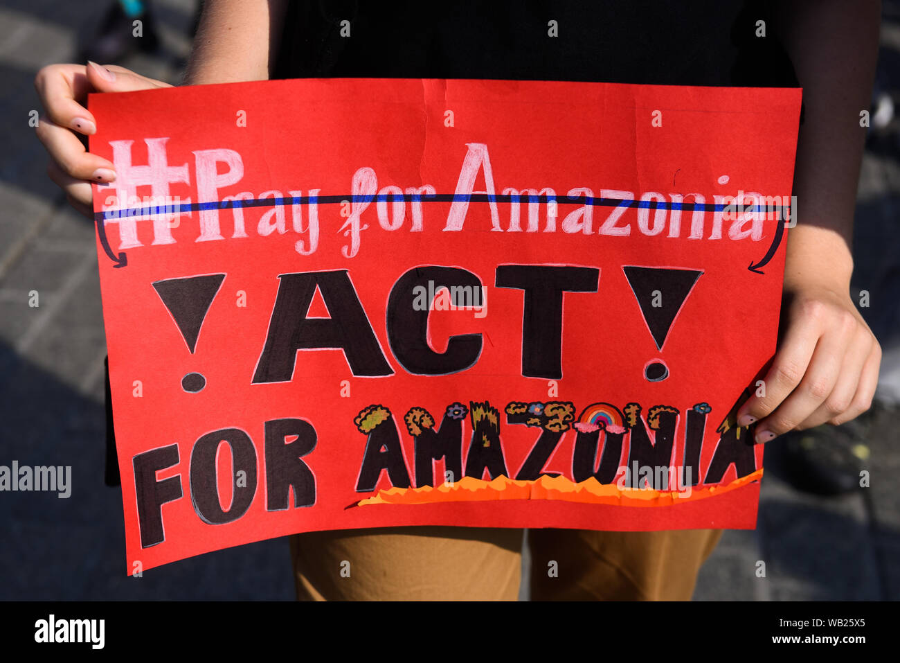 Eine Frau hält ein Plakat, während eines Protestes anspruchsvolle Aktion die verheerenden Waldbrände im brasilianischen Amazonasgebiet Wald am Hauptplatz zu kämpfen. das Nationale Institut für Weltraumforschung (Inpe) sagte, dass seine Satelliten Daten zeigten eine 84% Zunahme der Waldbrände im Vergleich zum gleichen Zeitraum im Jahr 2018. Der größte Regenwald der Welt ist ein wichtiger Kohlenstoffspeicher verlangsamt das Tempo der globalen Erwärmung. Der französische Präsident Emmanuel Längestrich durch die deutsche Bundeskanzlerin Angela Merkel die Brände im Amazonas auf der Tagesordnung des anstehenden G7-Gipfels zu setzen. Stockfoto