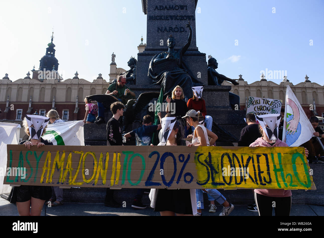 Menschen halten, Bannern, Fahnen und Plakaten während eines Protestes anspruchsvolle Aktion die verheerenden Waldbrände im brasilianischen Amazonasgebiet Wald am Hauptplatz zu kämpfen. das Nationale Institut für Weltraumforschung (Inpe) sagte, dass seine Satelliten Daten zeigten eine 84% Zunahme der Waldbrände im Vergleich zum gleichen Zeitraum im Jahr 2018. Der größte Regenwald der Welt ist ein wichtiger Kohlenstoffspeicher verlangsamt das Tempo der globalen Erwärmung. Der französische Präsident Emmanuel Längestrich durch die deutsche Bundeskanzlerin Angela Merkel die Brände im Amazonas auf der Tagesordnung des anstehenden G7-Gipfels zu setzen. Stockfoto