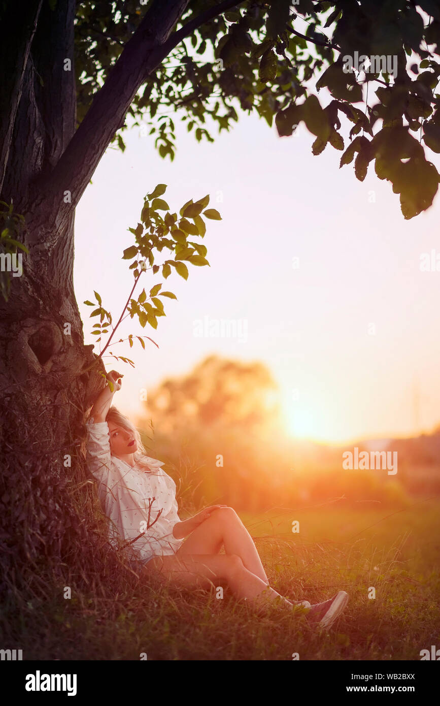 Junge Frau sitzt unter einem Baum bei Sonnenuntergang Stockfoto