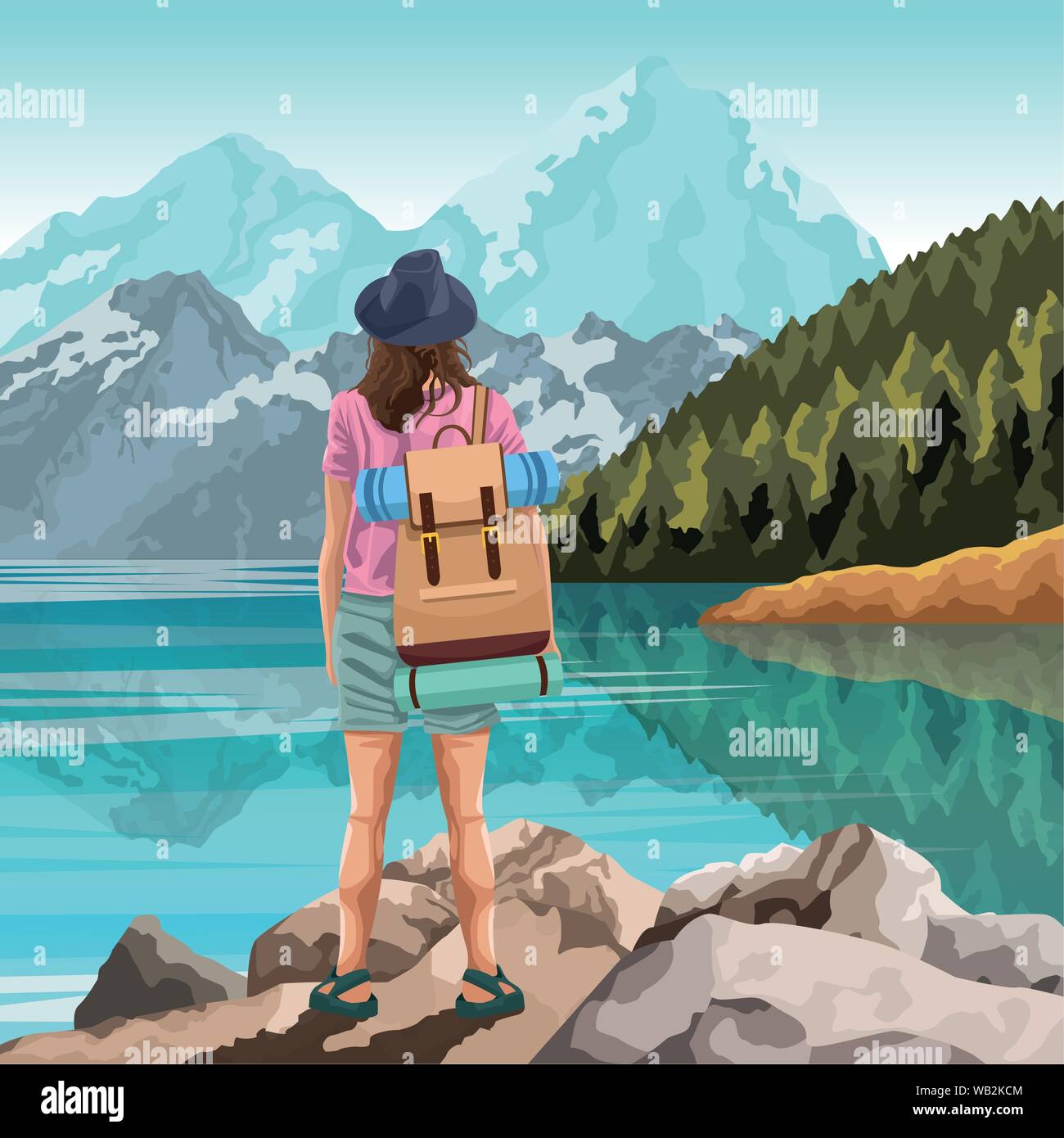 Rucksack Traveler in der Natur Cartoon zeichnen Kunst Stock Vektor