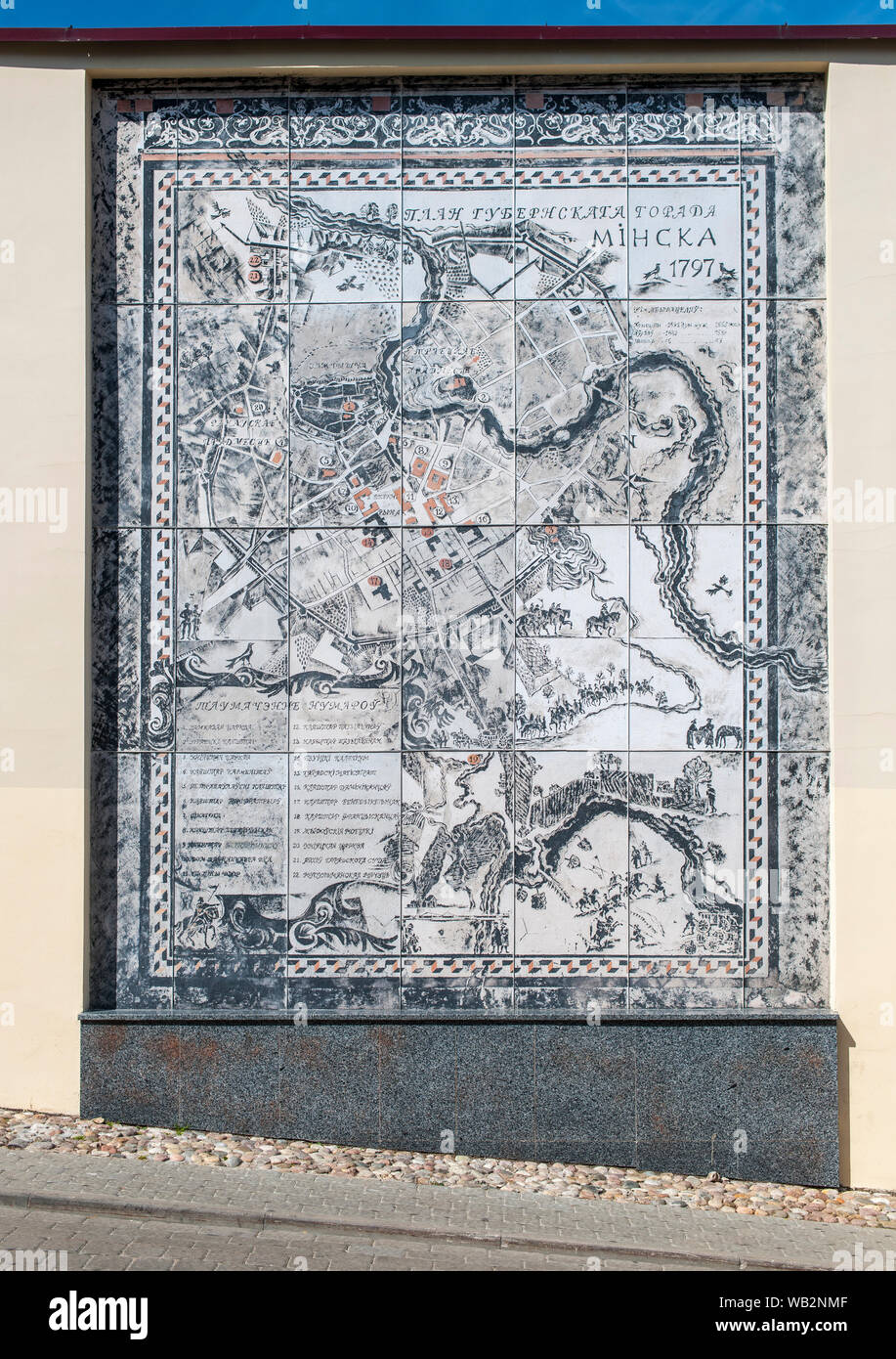 Wandbild einer alten Karte der Stadt Minsk an der Wand eines Gebäudes auf Hiercena Straße im historischen Zentrum der Stadt. Stockfoto