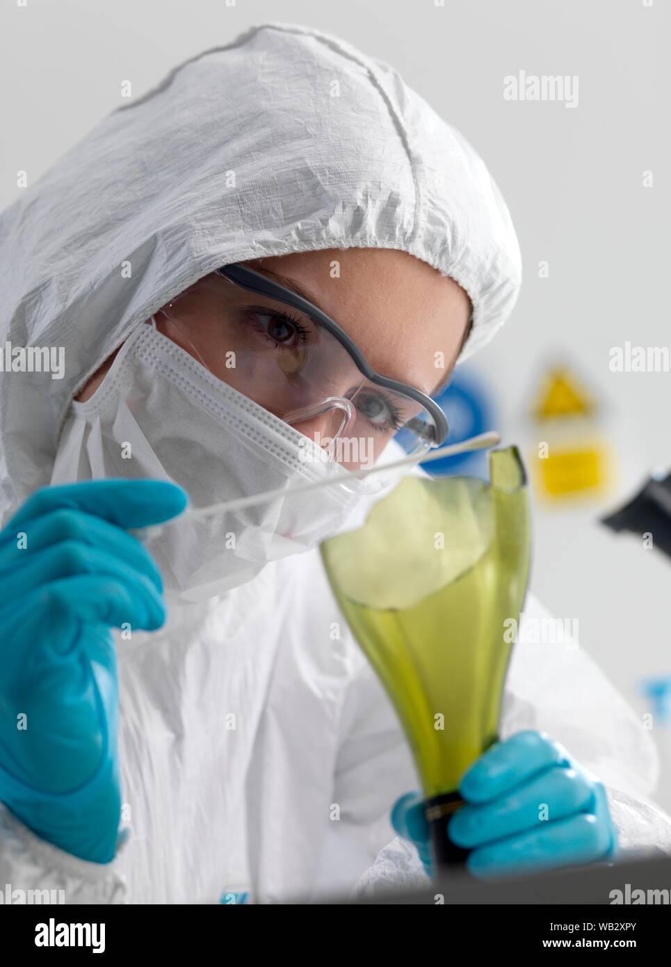 Forensische Wissenschaftler Beweise sammeln, indem Sie ein DNA (Desoxyribonukleinsäure) Putzlappen von Tatort Flasche. Stockfoto