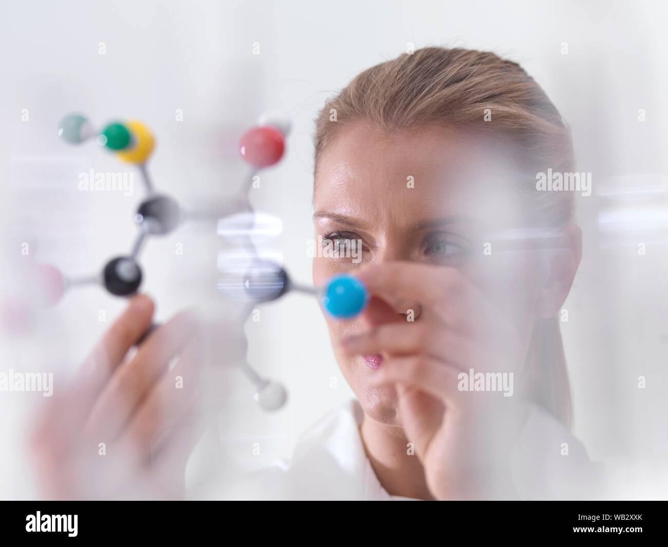 Chemie Forschung, konzeptionelle Bild. Wissenschaftler mit einem molekularen Modell eine chemische Formel zu verstehen. Stockfoto