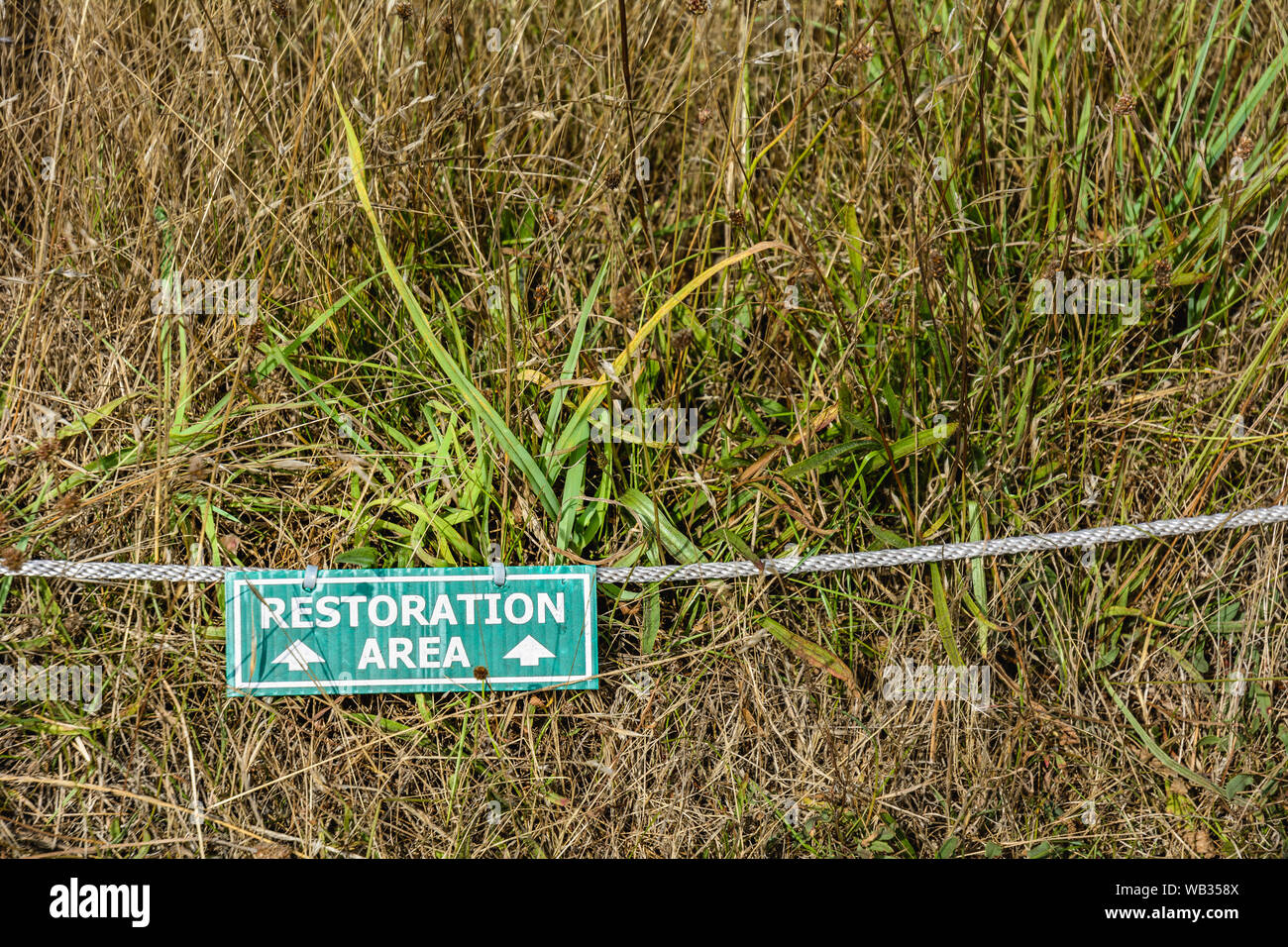 Natürliche wiese Wiederherstellung des Lebensraums in Grün und Weiß Hinweise und Informationen Zeichen auf dem Boden mit Seil. beschädigte Gras von ging weiter zu schützen. Stockfoto