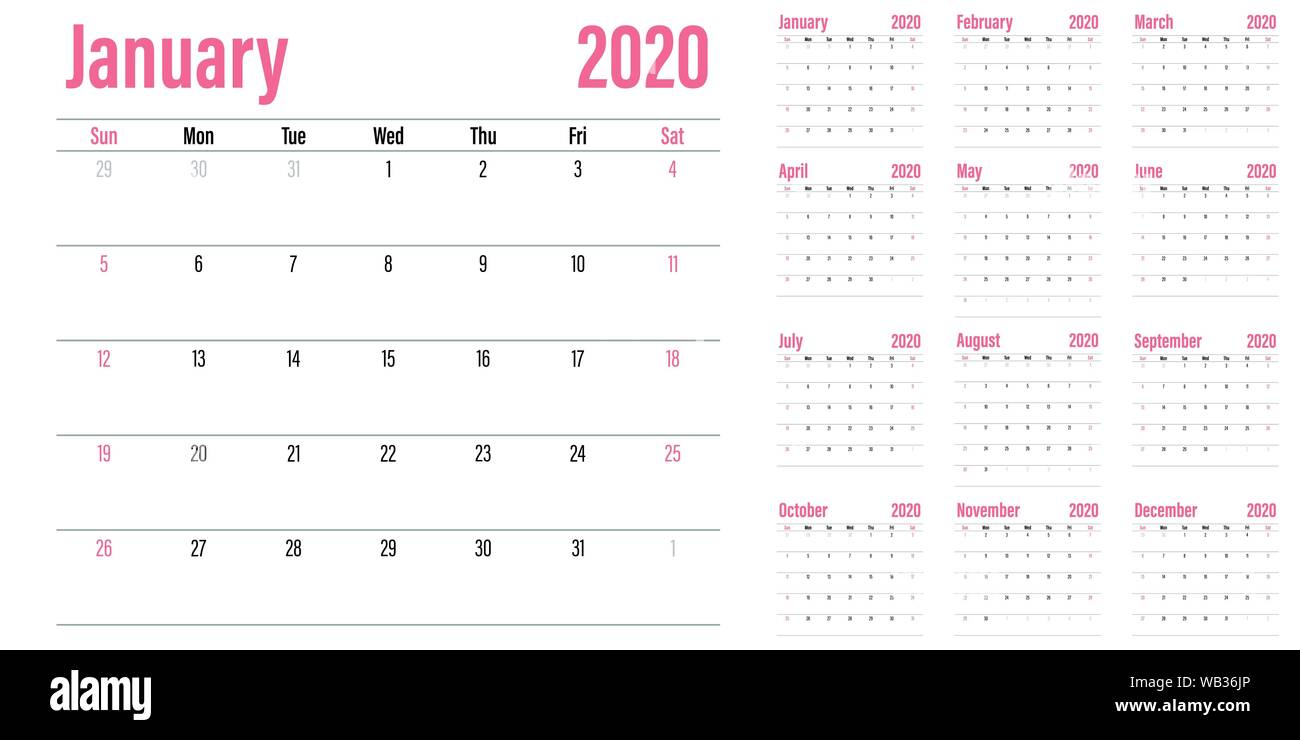 Kalender Planer 2020 Vorlage vector Illustration alle 12 Monate Woche beginnt am Sonntag und an den Wochenenden Samstag und Sonntag Stock Vektor