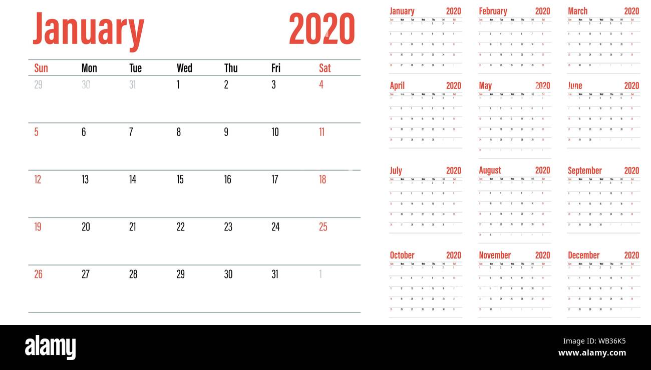 Kalender Planer 2020 Vorlage vector Illustration alle 12 Monate Woche beginnt am Sonntag und an den Wochenenden Samstag und Sonntag Stock Vektor