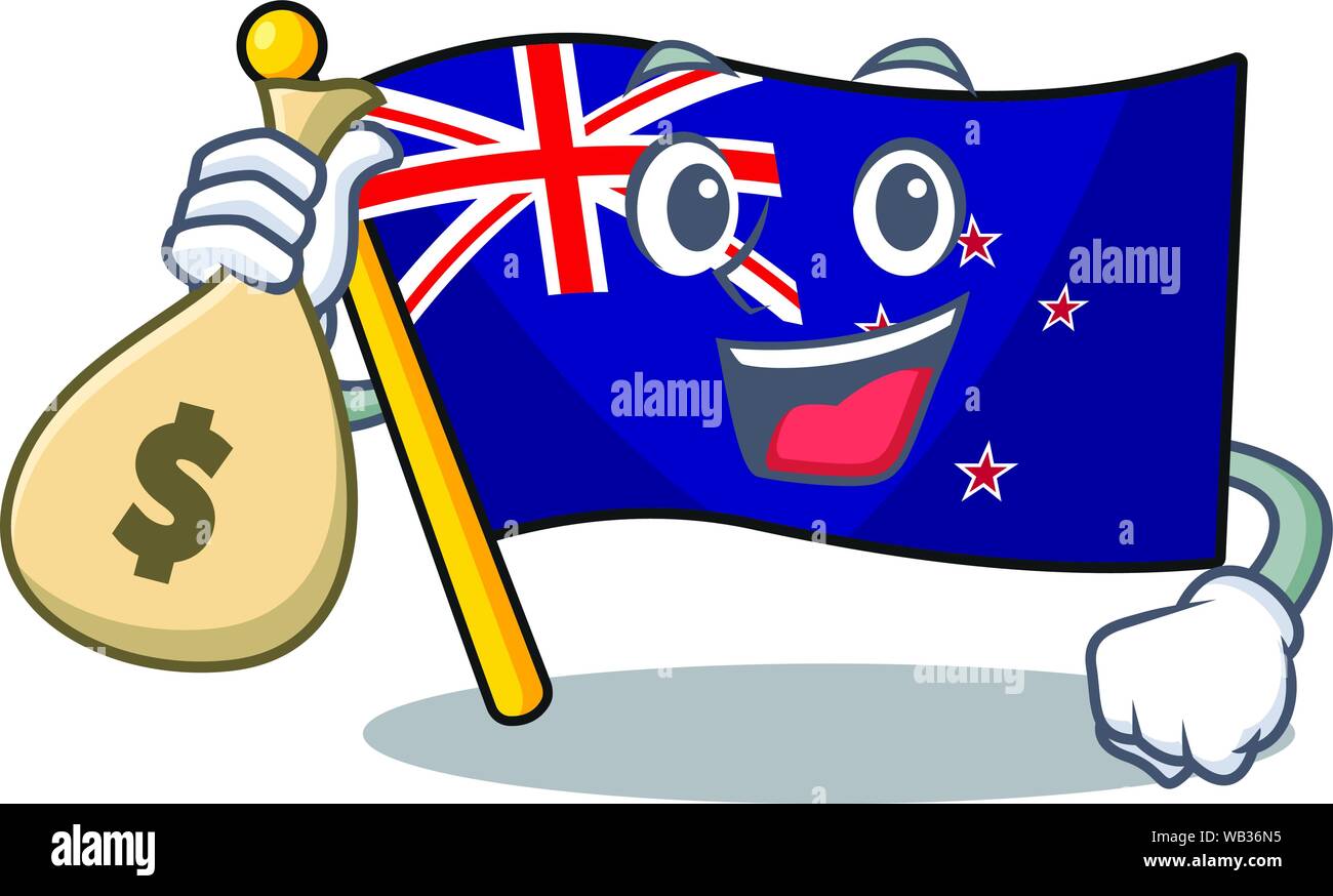 Mit Geld beutel Flagge Neuseeland auf das Maskottchen Stock Vektor