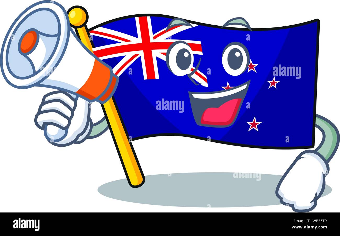 Mit megafon Flagge Neuseeland auf das Maskottchen Stock Vektor