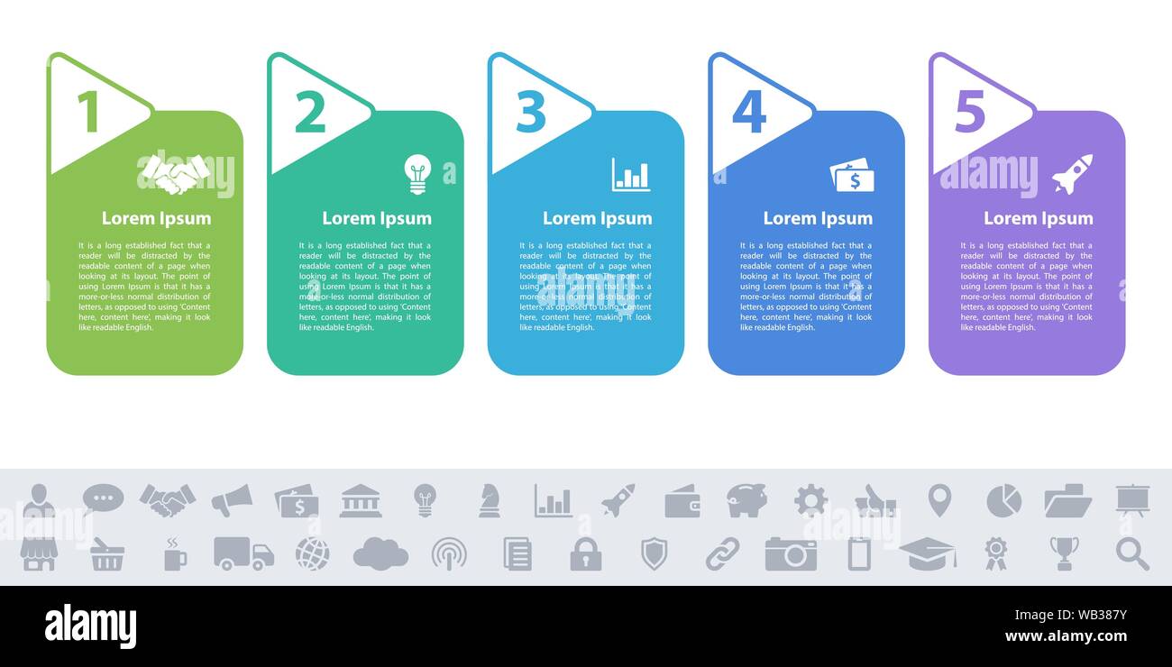 Business Infografik design Vorlage mit 5 Schritte und Optionen für Prozessdiagramm, Workflow Layout, Dokumentation, infograph und Banner Stock Vektor