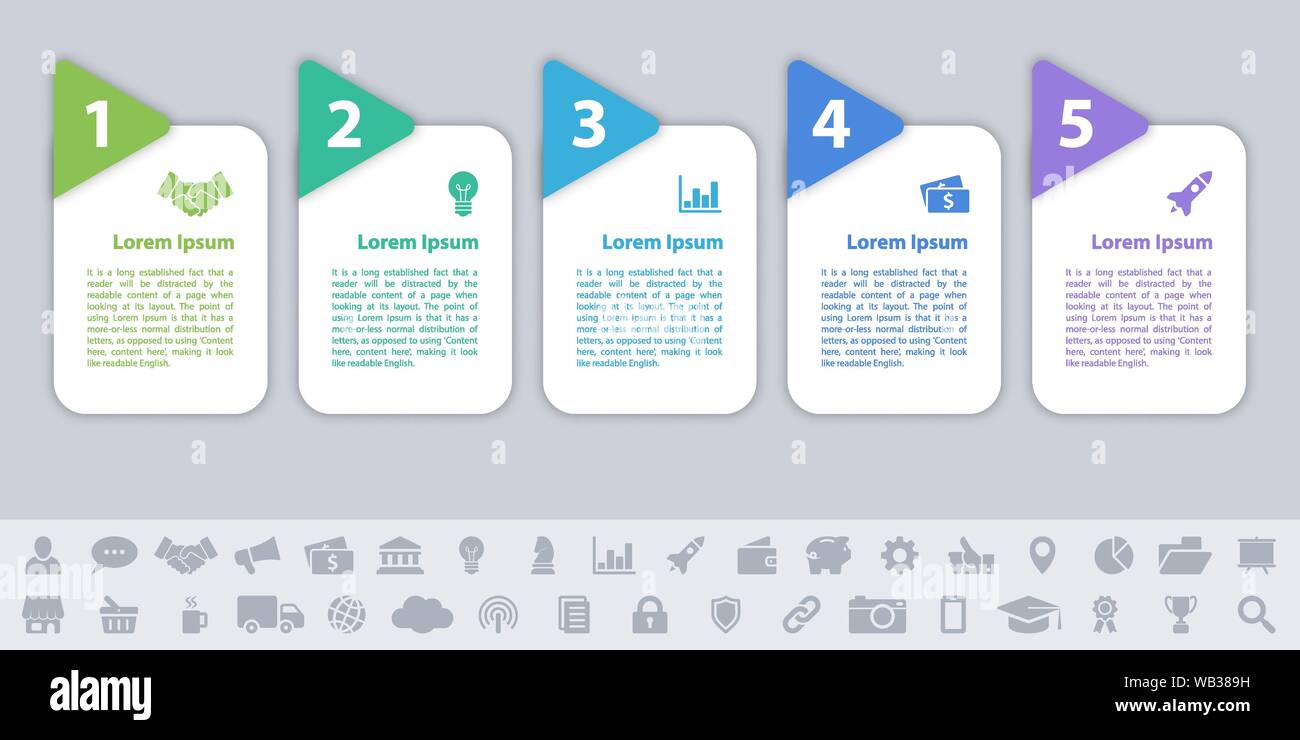 Business Infografik design Vorlage mit 5 Schritte und Optionen für Prozessdiagramm, Workflow Layout, Dokumentation, infograph und Banner Stock Vektor